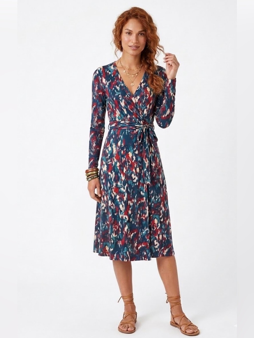 Long Tall Sally TALL Multi Colored Abstract Print Midi Wrap Dress with Sleeves